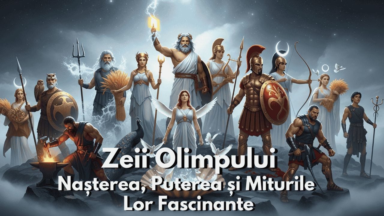 Muntele Olimp deasupra norilor cu temple strălucitoare, imagine ce simbolizează miturile grecești