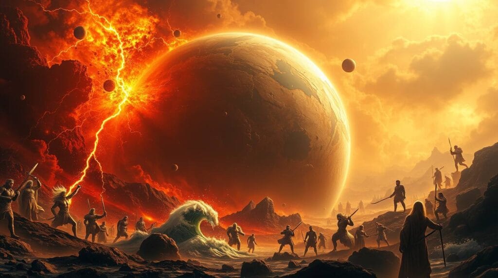 Scena cosmică a Titanomahiei, cu zeii olimpieni luptând împotriva Titanilor pentru controlul universului.