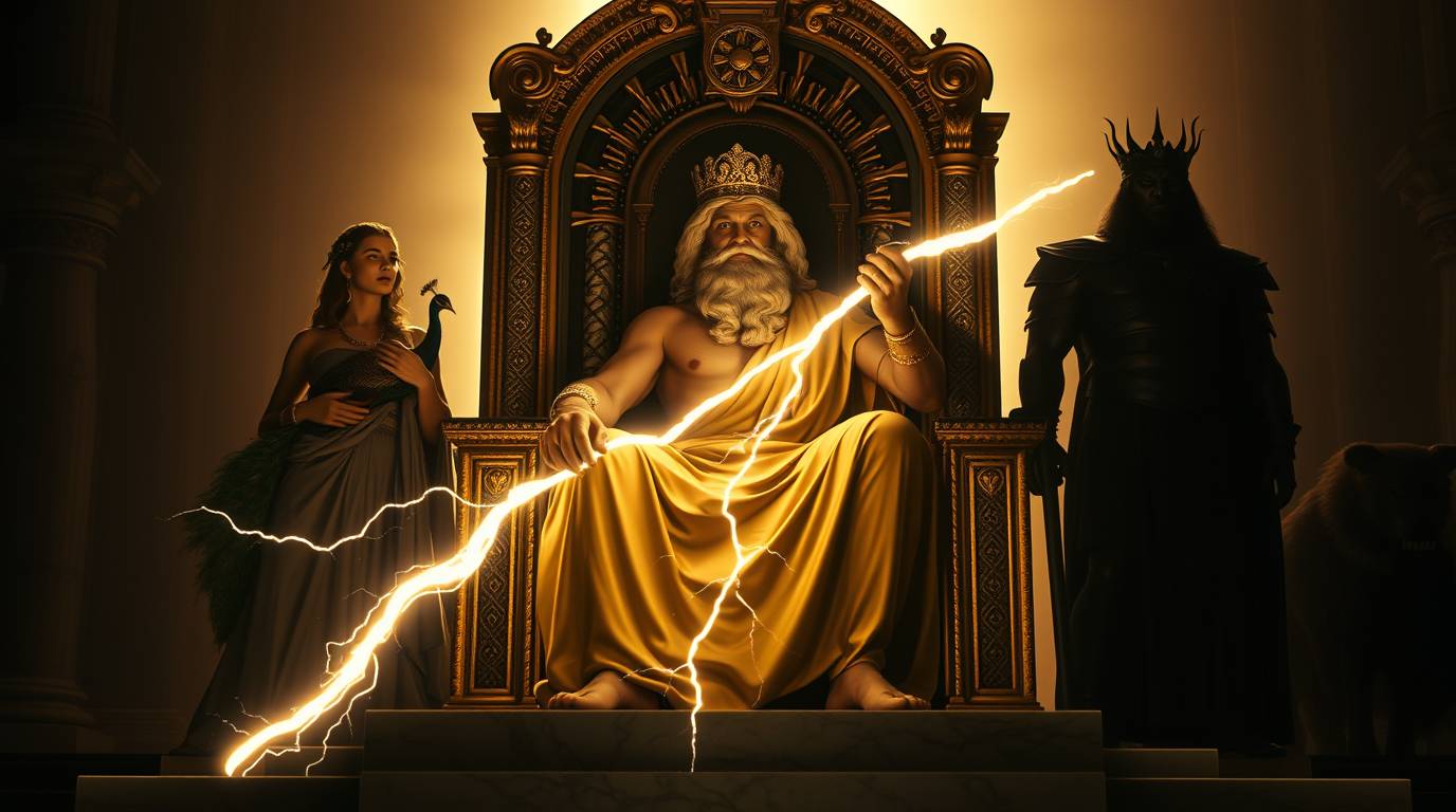 Zeus cu fulgerul, Hera cu un păun și Hades cu Cerber, cei trei zei principali ai mitologiei grecești.