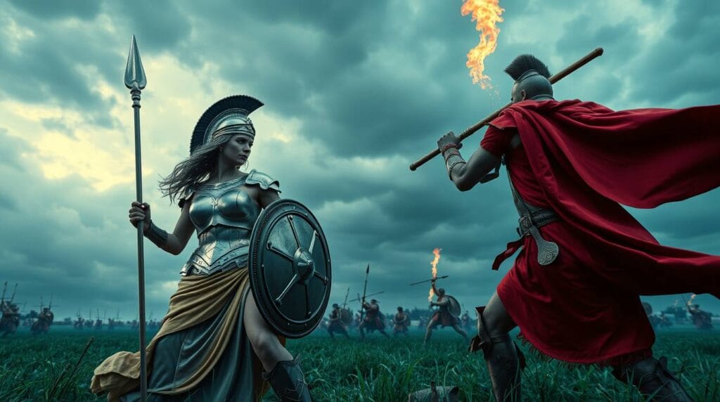 Atena, zeița înțelepciunii, și Ares, zeul războiului, reprezintă contrastul dintre strategie și brutalitate.